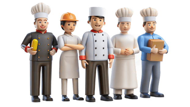 Group of chefs and delivery persons standing together on transparent background png