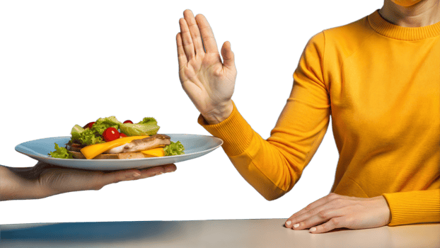 Person refusing plate of food suggesting dietary restriction on transparent background png