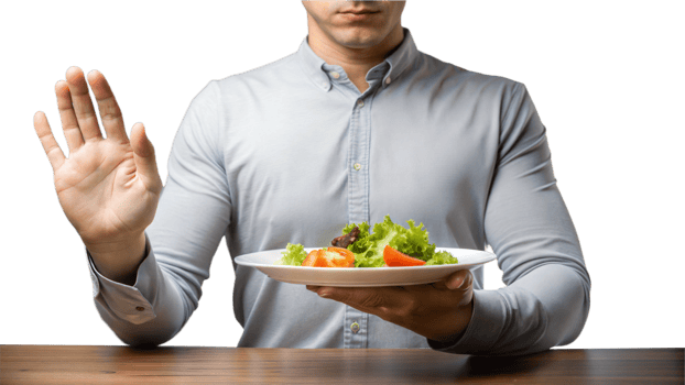 Person refusing a plate of food with vegetables on transparent background, suggesting diet or rejection png