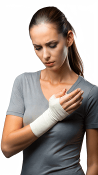 Woman feeling wrist pain with bandaged hand on transparent background png