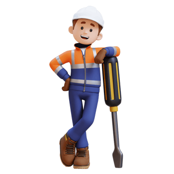 3D Construction Worker Character Lying on Big Screwdriver png