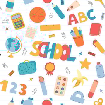 School supplies seamless pattern. background with cute educational elements. School objects, accessories, tools. Office stationery repeating illustration. vector