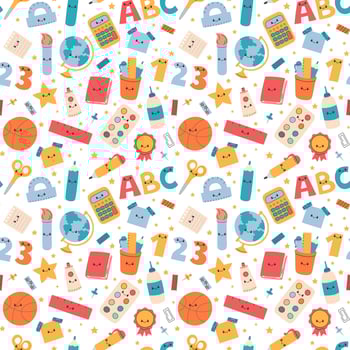 School pattern. Seamless background with funny educational elements. School supplies, accessories, tools. Office stationery repeating illustration. vector