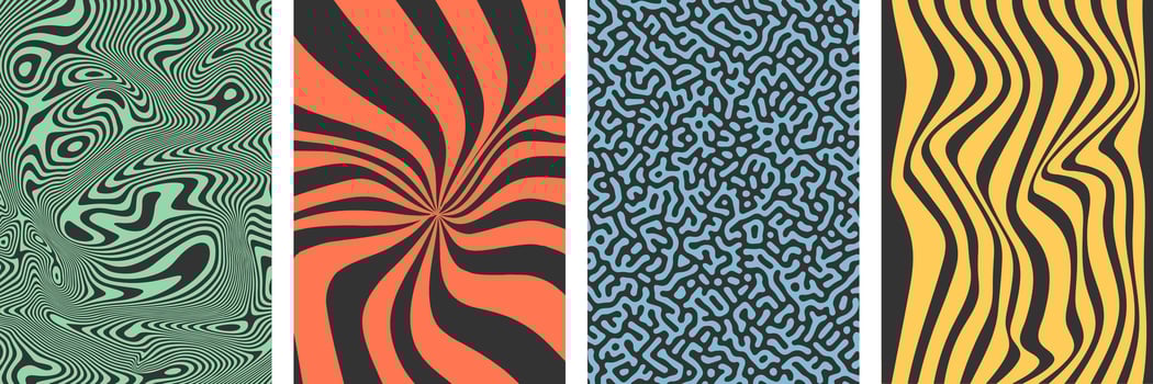 Abstract retro psychedelic groovy backgrounds with waves, swirl, twirl and lines. Y2K aesthetics. Twisted and distorted trendy textures for wrapping, textile, posters, social media. vector