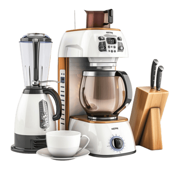 A coffee maker, coffee cup, and knife on a white background png