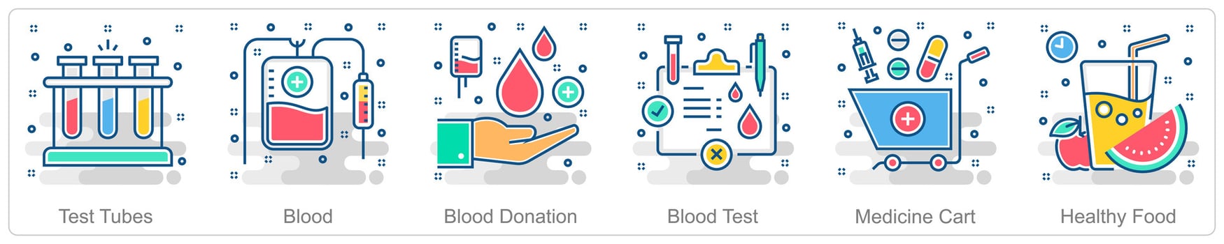 A set of 6 Medical icons as test tubes, blood, blood donation vector
