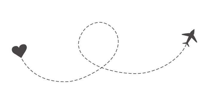 Itinerary dashed trace heart shape, line airplane flight, dotted path, romantic aircraft tracking simple minimal trip isolated on white background. Plan with start point. Tatoo. vector