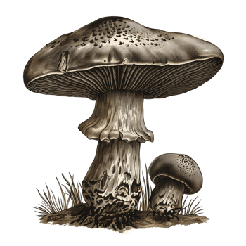An intricately detailed mushroom image in the color style of old engravings, isolated on a transparent background png