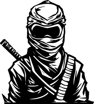 Mysterious ninja silhouette emerges from shadowy black stencil. AI-generated. png