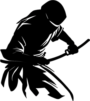 Mysterious ninja silhouette emerges from shadowy black stencil. AI-generated. png
