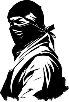 Mysterious ninja silhouette emerges from shadowy black stencil. AI-generated. png