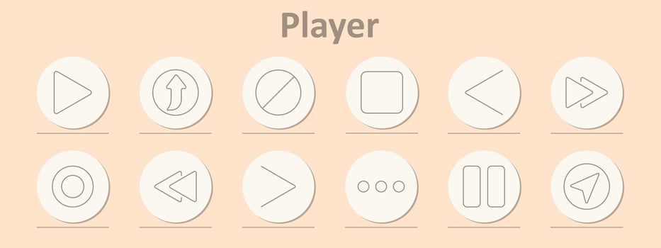 Player icons set. Play, upload, block, stop, backward, forward, record, rewind, full screen, location, music note, speaker, microphone. Line icons on beige background vector