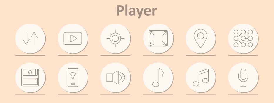 Player icons set. Play, upload, block, stop, backward, forward, record, rewind, full screen, location, music note, speaker, microphone. Line icons on beige background vector