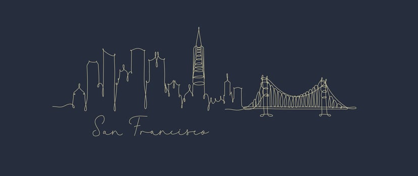 City silhouette san francisco in pen line style drawing with beige lines on dark blue background vector