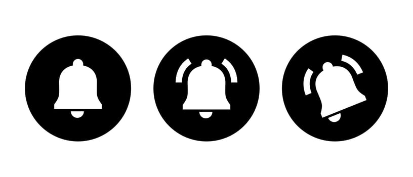 Notification bell icon set on black circle. Alert, alarm sign symbol vector