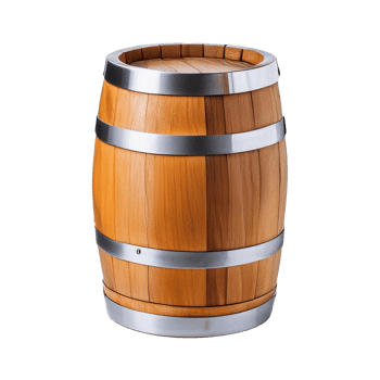 wooden barrel with silver band on a transparent background. png