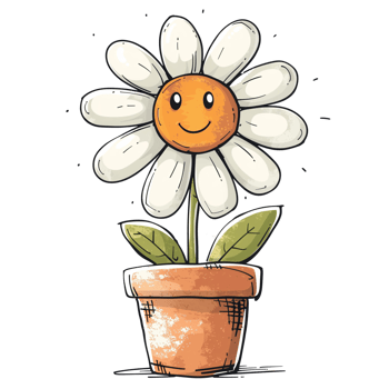 Doodle-style illustration featuring a happy daisy in a whimsical flower pot, isolated on a transparent background png