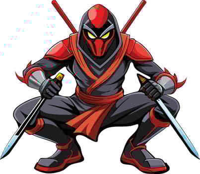 Powerful masked ninja warrior with swords crouching in attack position vector