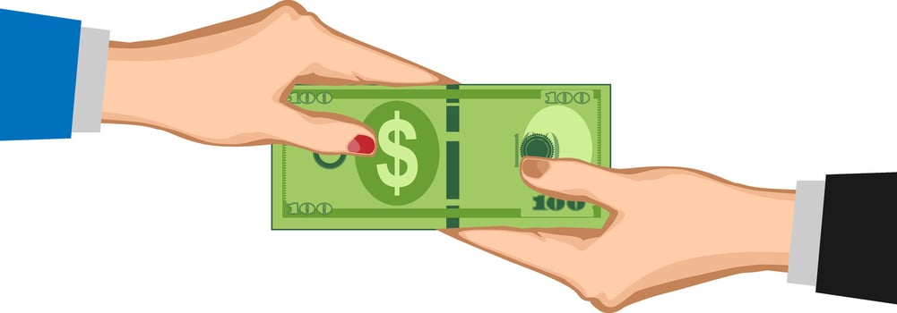 two hands holding of two people one hundred dollar bills illustration vector
