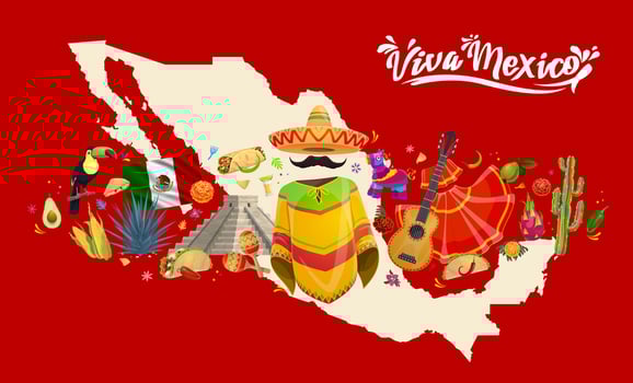Mexico map, Mexican culture landmarks and symbols vector