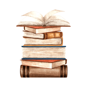 Open book is lying on stack of different books. Composition with textbooks. Hand drawn watercolor illustration isolated. Education concept. Literature and reeding. Template for card, sticker, website. png