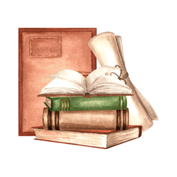 Books stack and Notebook with papyrus scroll. Composition with old parchment sheet and diary. Hand drawn watercolor illustration isolated. Education concept. Template for card, sticker, website, print png