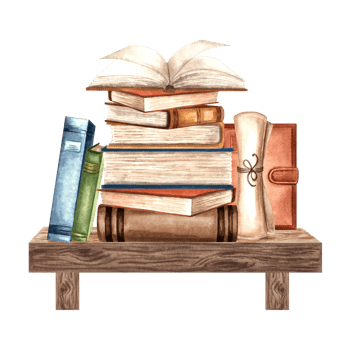 Books stack on bookshelf. Composition with textbooks vintage binding. Hand drawn watercolor illustration isolated. Education concept. School supplies. Clip art for sticker, bookstore, website, print. png