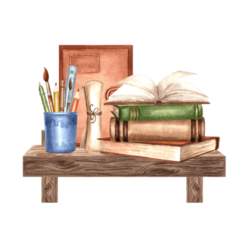 Books stack and writing utensils on bookshelf. Composition with notebook and papyrus scroll. Hand drawn watercolor illustration isolated. School supplies. Template for card, sticker, website, print. png