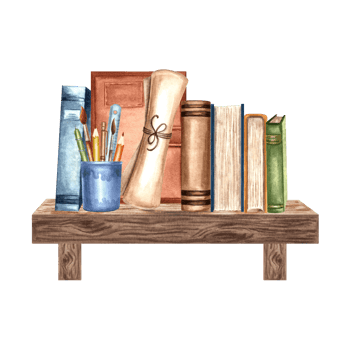 Books and writing utensils on bookshelf. Composition with notebook and papyrus paper scroll. Hand drawn watercolor illustration isolated. School supplies. Template for card, sticker, website, print. png