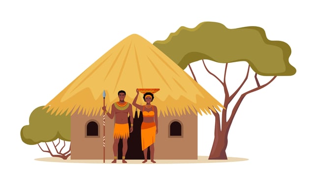 Tribe ethnic people in Africa. African woman with jug, afro character in tribal traditional costume, standing near ethnic hut house in village, rural African landscape. illustration. vector