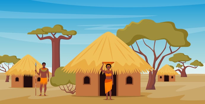 Tribe ethnic people in Africa. African woman with jug, afro character in tribal traditional costume, standing near ethnic hut house in village, rural African landscape. illustration. vector