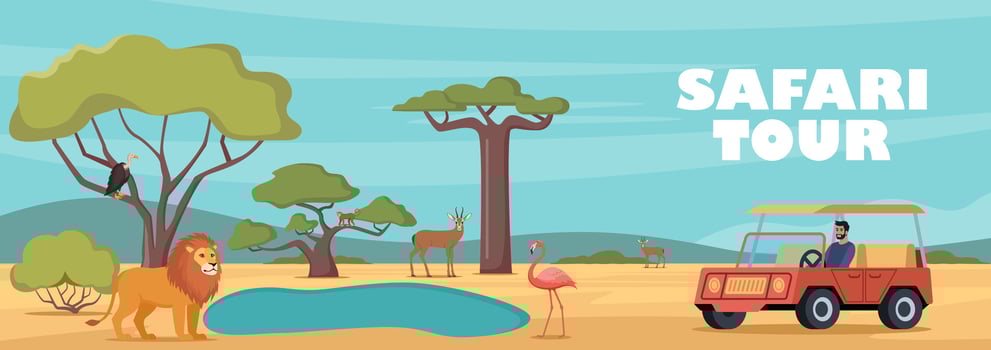Safari tour of african wildlife. Design for tourism, travel, expedition and adventure. Banner, poster template. Horizontal African landscape with tropical animals, trees in warm colors. . vector