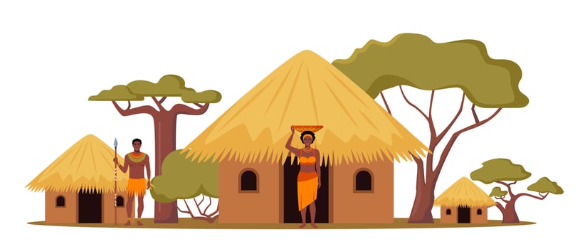 Tribe ethnic people in Africa. African woman with jug, afro character in tribal traditional costume, standing near ethnic hut house in village, rural African landscape. illustration. vector
