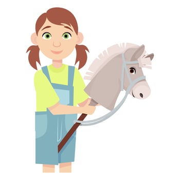 Little girl interested in hobbyhorsing with a toy horse head vector