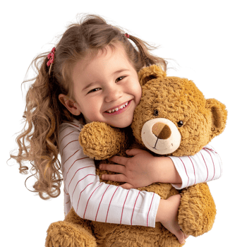 Little happy child kid girl, smiling and having fun while hugging a teddy bear plush toy, isolated on a transparent background png