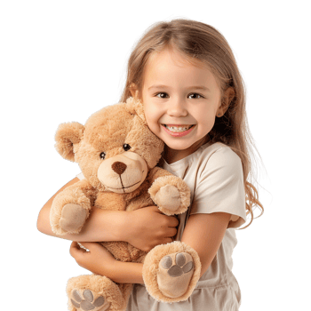 Little happy child kid girl, smiling and having fun while hugging a teddy bear plush toy, isolated on a transparent background png