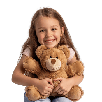 Little happy child kid girl, smiling and having fun while hugging a teddy bear plush toy, isolated on a transparent background png