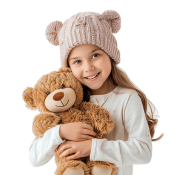 Little happy child kid girl, smiling and having fun while hugging a teddy bear plush toy, isolated on a transparent background png