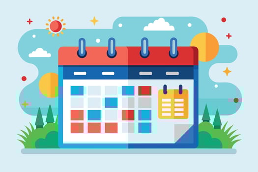 An illustration depicting a calendar with colorful squares and a summer background with sunshine and grass. vector