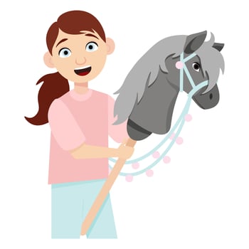 Little smiling girl interested in hobbyhorsing with a toy horse head vector