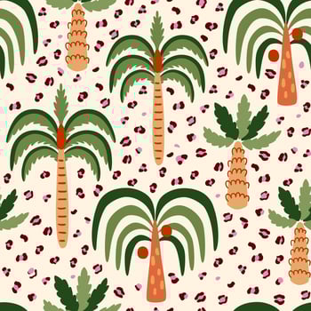 Tropical bold leopard animal skin, cute palm tree on beige seamless pattern. Funny jungle plants background. Summer beach floral design, print, kids wallpaper, textile, hand drawn wild life. vector