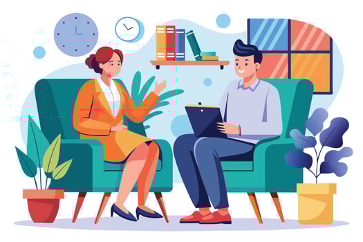 A woman in an orange suit sits in a green armchair, talking to a man in a blue shirt holding a clipboard. vector