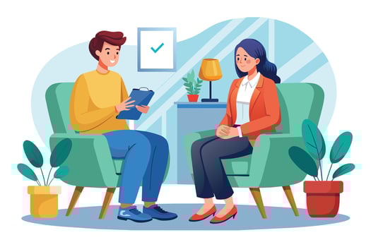 An illustration depicts a man interviewing a woman. The man is seated in a green armchair and holding a clipboard, while the woman is seated in a similar chair and listening intently. vector