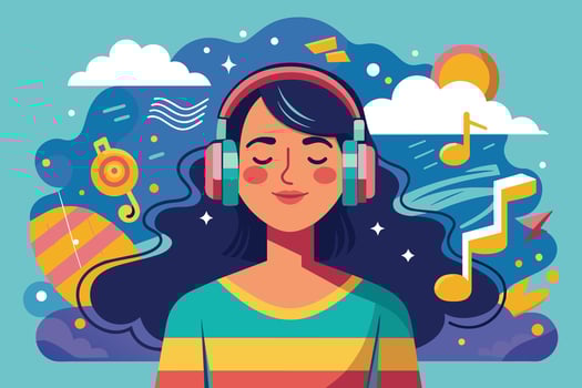 A cartoon illustration of a woman wearing headphones with her eyes closed, enjoying music. The background features colorful abstract shapes and musical notes. vector