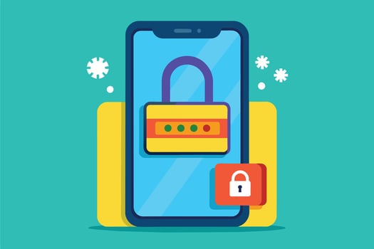 An illustration of a smartphone screen displaying a locked padlock with a password access panel, set against a teal background. vector