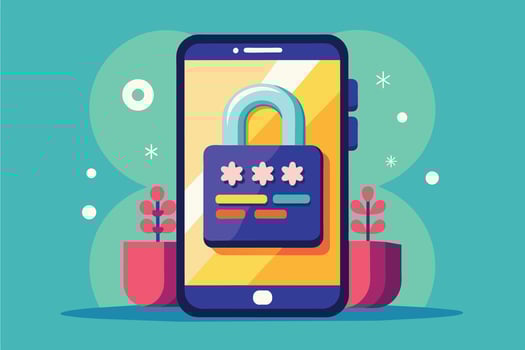 An illustration of a smartphone with a lock and four stars on the screen, symbolizing security and privacy. vector