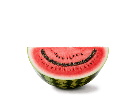 Grinning watermelon slice vivid red flesh dotted with black seeds crisp green rind juice running png