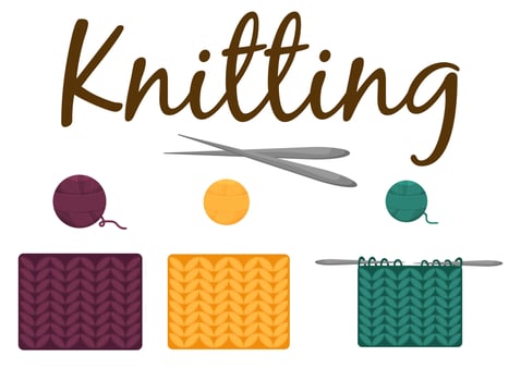 A set of hand-knitted textures, a set of knitting threads. The process of knitting textiles. Hobbies, handmade needlework, knitting. vector