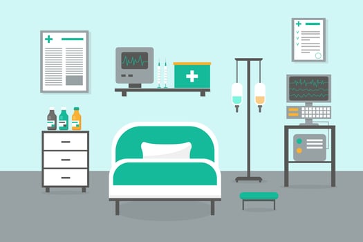 Intensive therapy room with bed, window and medical equipment. Hospital emergency room interior vector