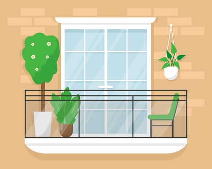 Window and balcony with chair and plants. Clfssical house facade. vector